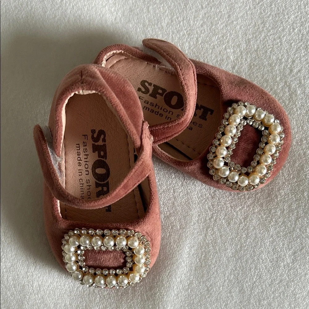 Baby Infant Velvet Blush Embellished Pearl Buckle Dress Shoes